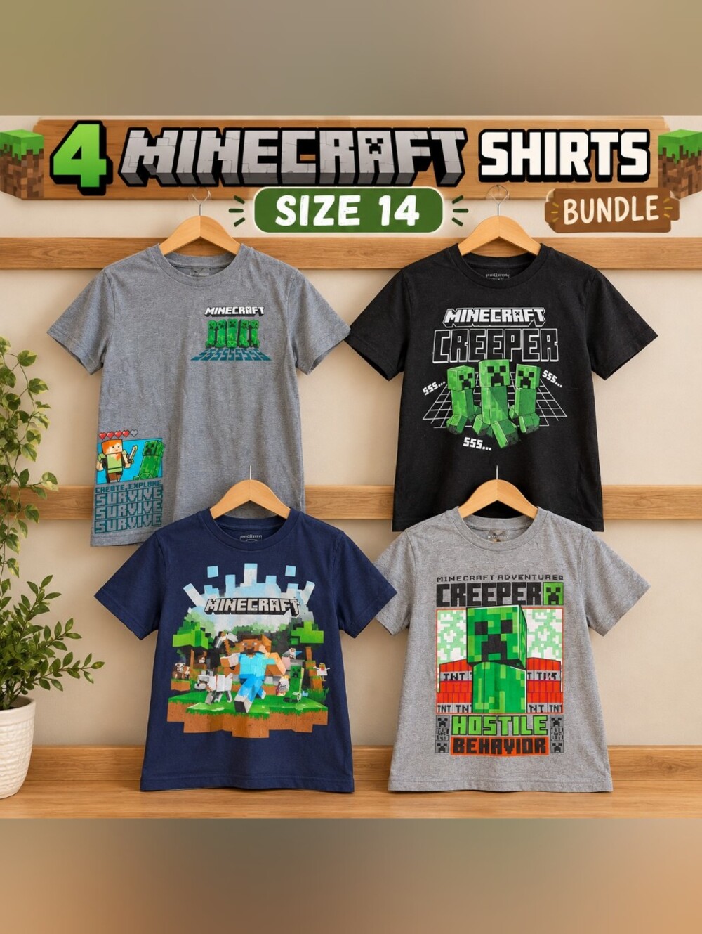 Kids' Creeper Graphic Shirt Bundle - Size 14 - Gray, Black, Navy